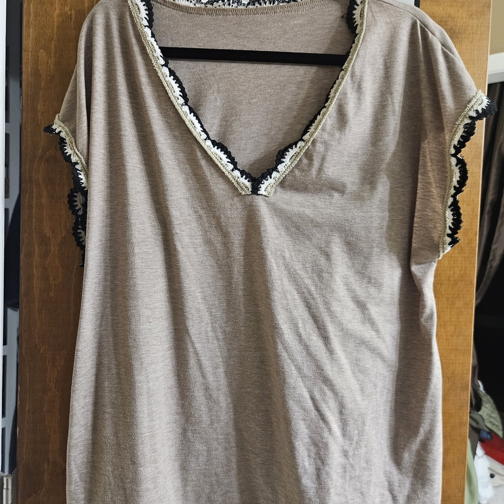 SHEIN Taupe V-Neck Tank with Black and Cream Trim